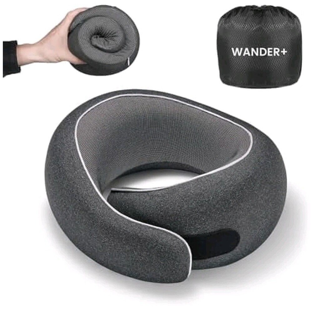 WANDER+® Travel Neck Pillow, Pure Memory Foam Neck Pillow for Airplanes, Comfort
